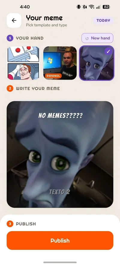 MemeCoop editor: three random templates, the meme with its text and the publish button