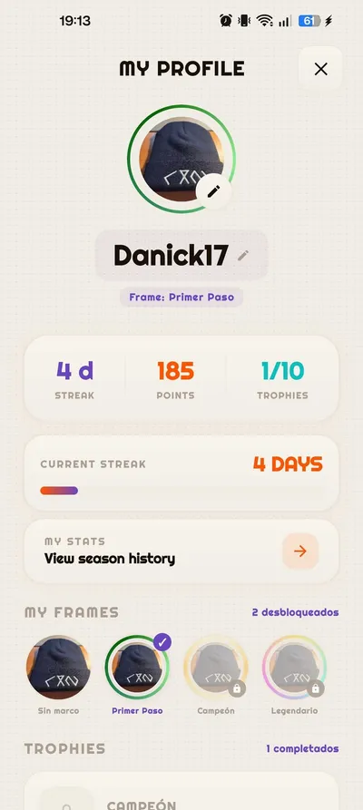 MemeCoop profile with streak, points, trophies and unlockable frames