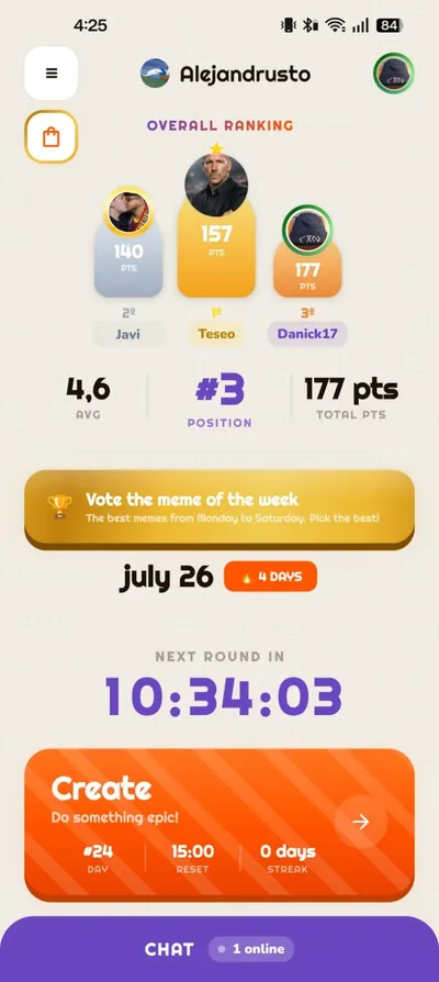 A group’s home screen in MemeCoop: leaderboard podium, round countdown and the create meme button