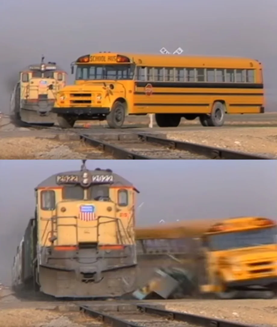 Blank Train hitting a school bus meme template